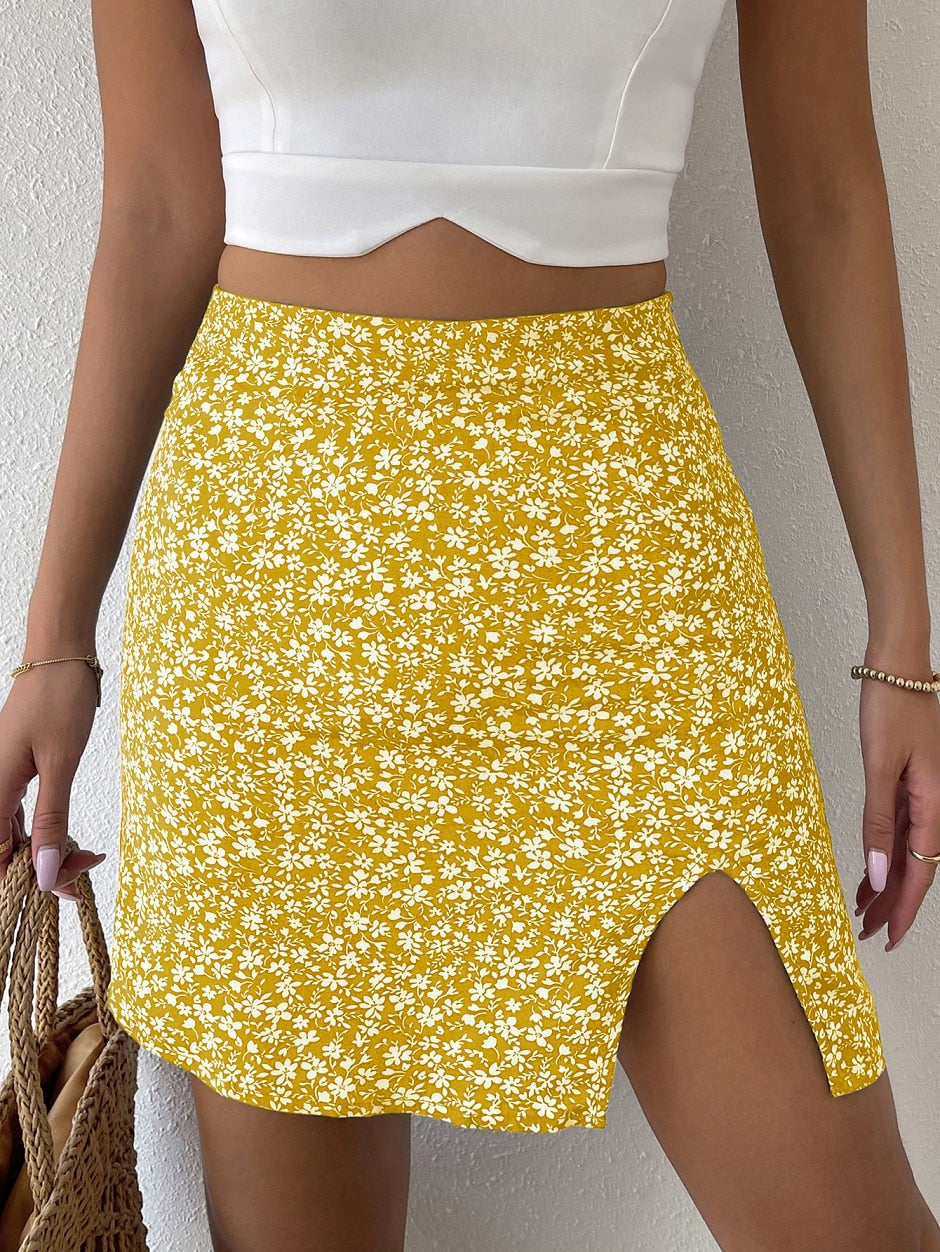 Floral Print High Waist Split Mini Skirts