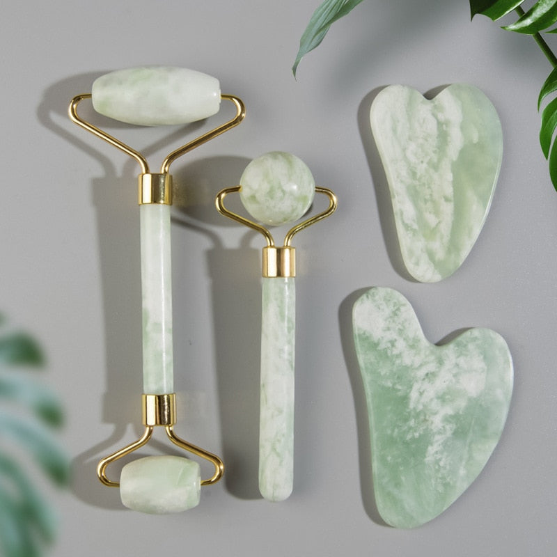 Natural Jade Face Roller Gua Sha Scraper Set