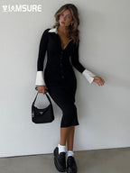 Collar Long Sleeve Midi Dress