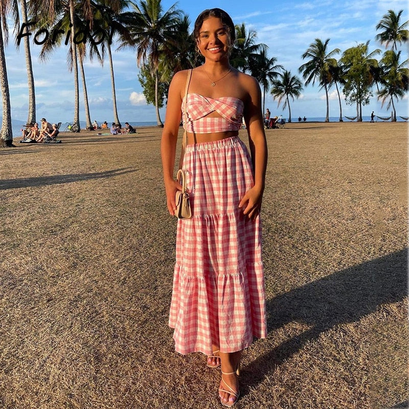 Pink Plaid Strapless Dress