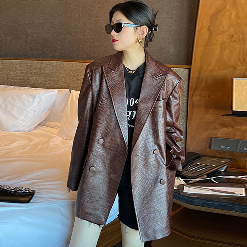 Oversized Crocodile Faux Leather Blazer