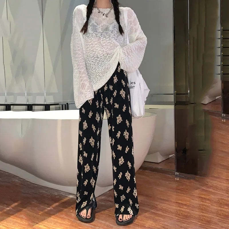 Black Floral Wide Leg Trousers Pants