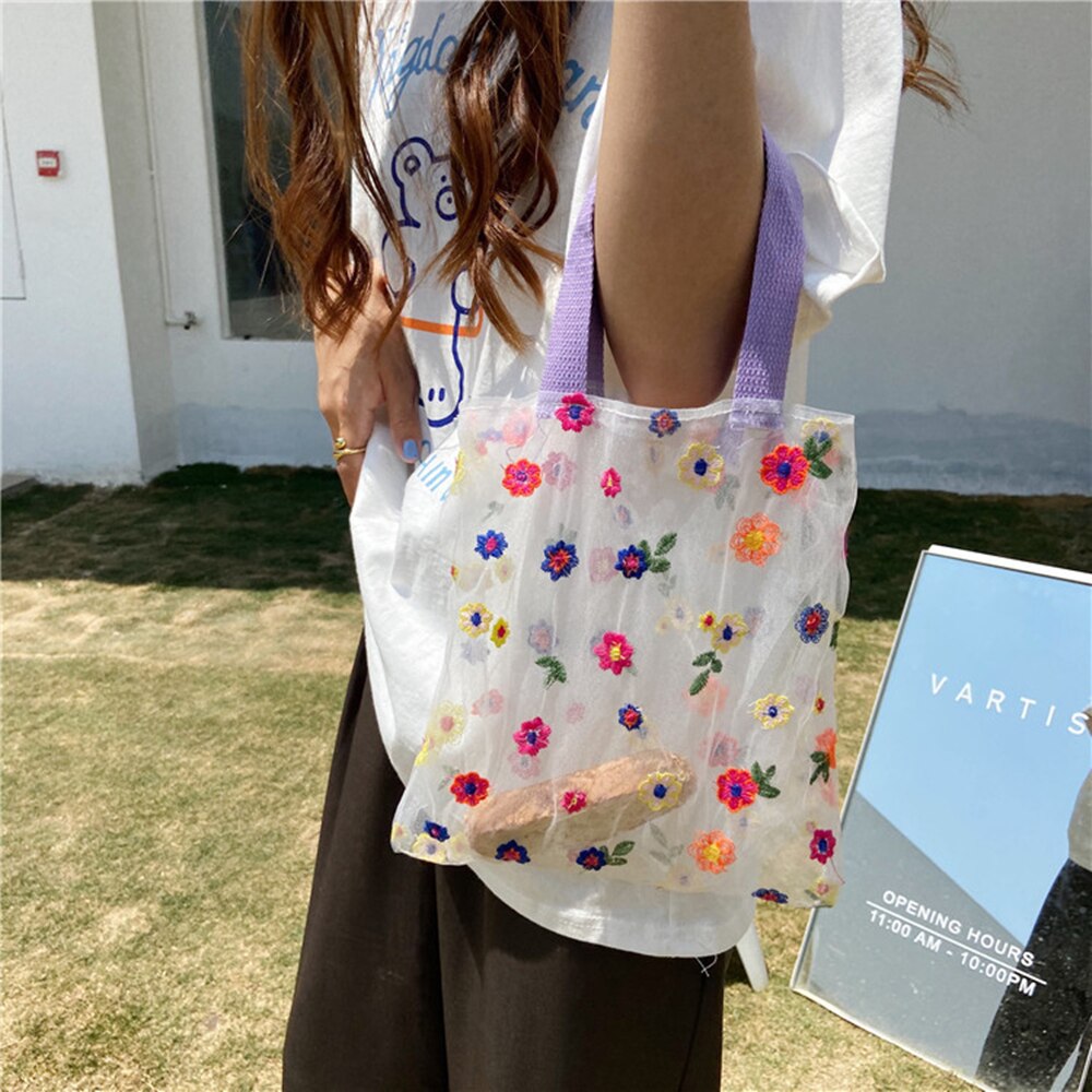 Flower Embroidery Hand Bag Organza