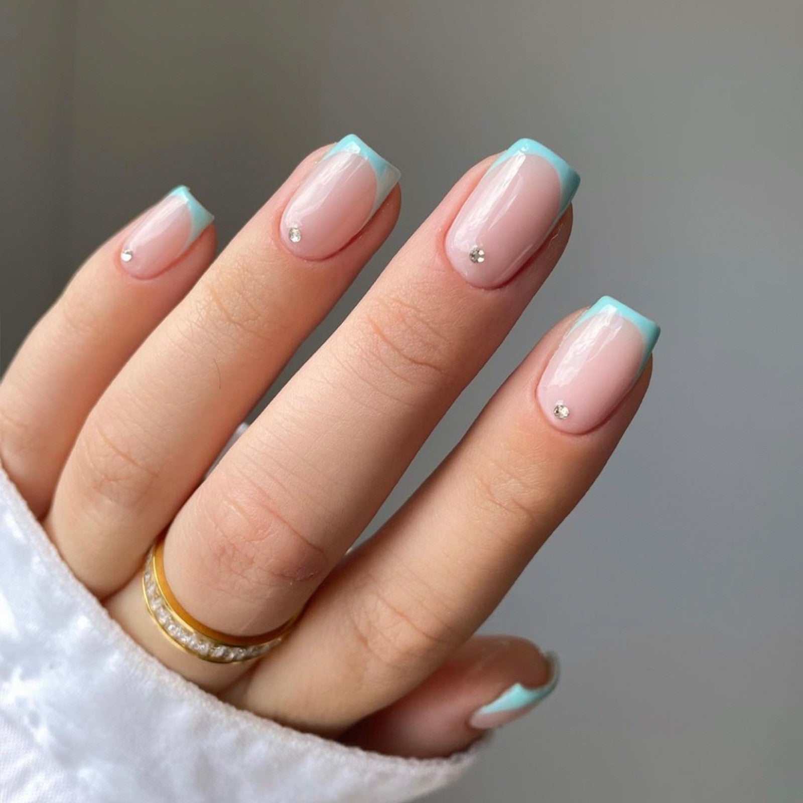24Pcs Turquoise French Square Press On Nails
