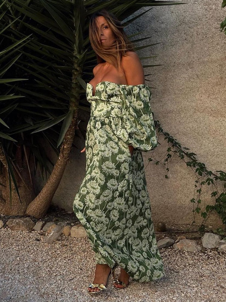 Green Floral Print Midi Dress