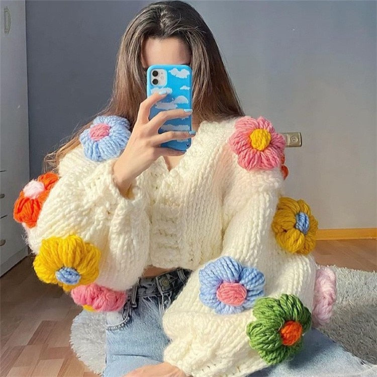 Flower Thick Sweater Cardigan