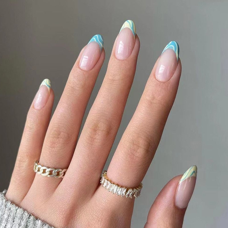 24pcs Rainbow Blue Short French Nails