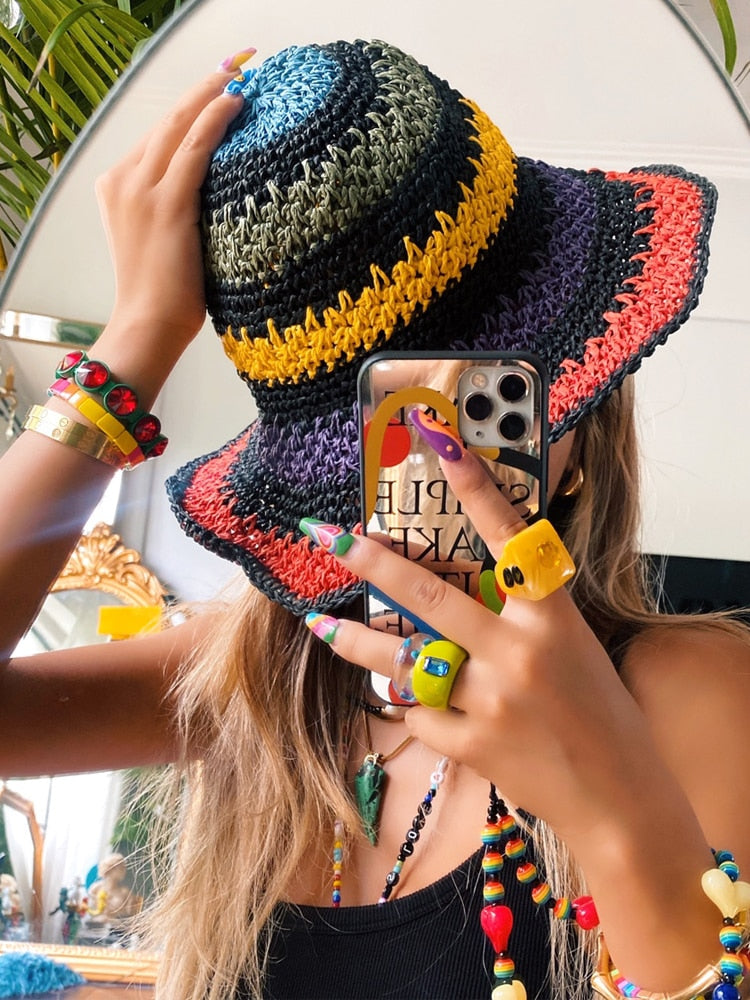 Straw Handmade Rainbow Striped Crochet Bucket Hat