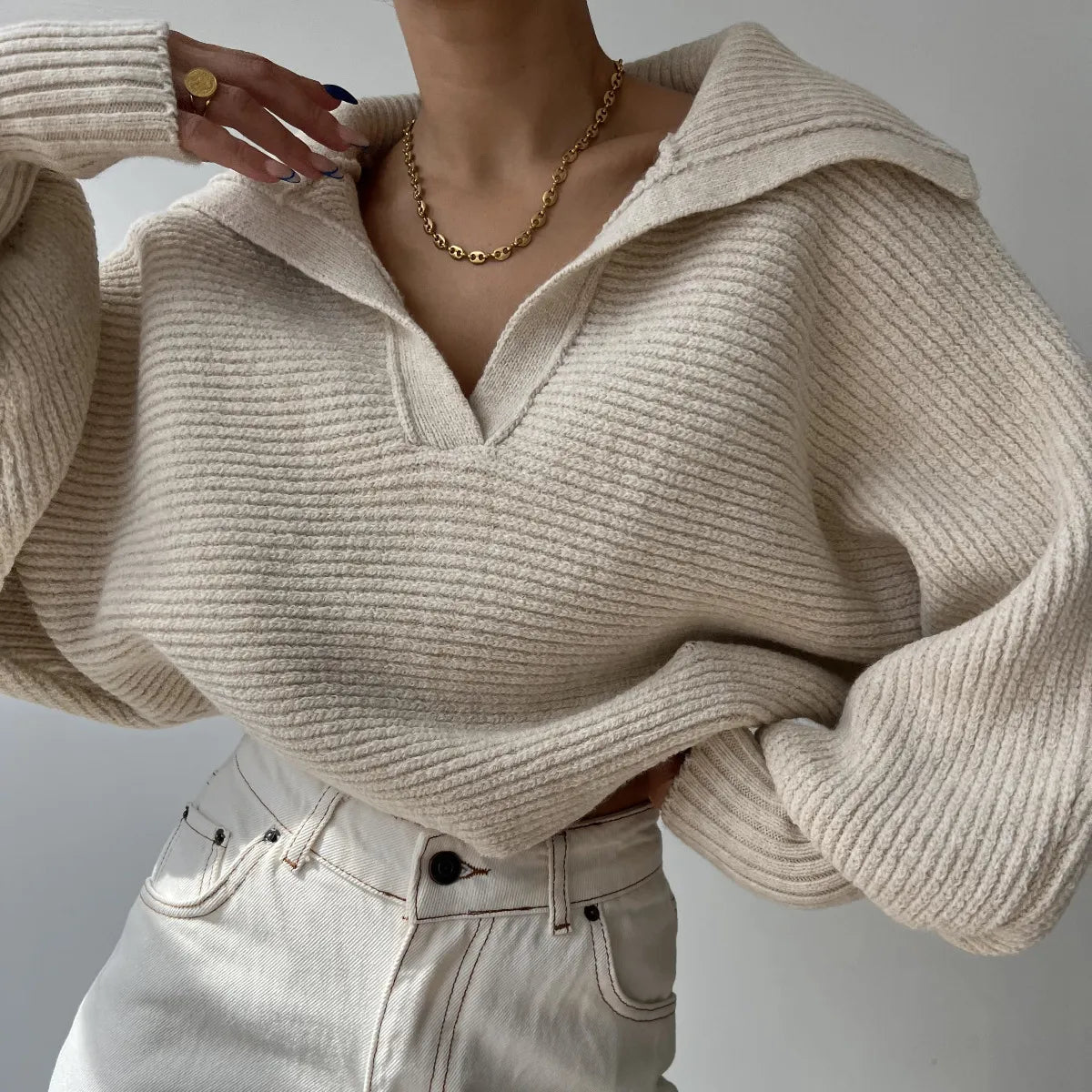 Knitted Turn Down Collar Jumper
