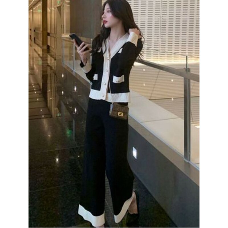 Black/White Knitted Wide-Leg Pants Two-Piece Suit