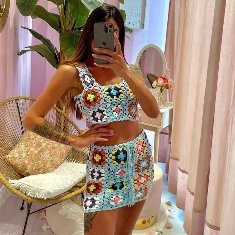 Crochet Mini Skirt Tank Top Set