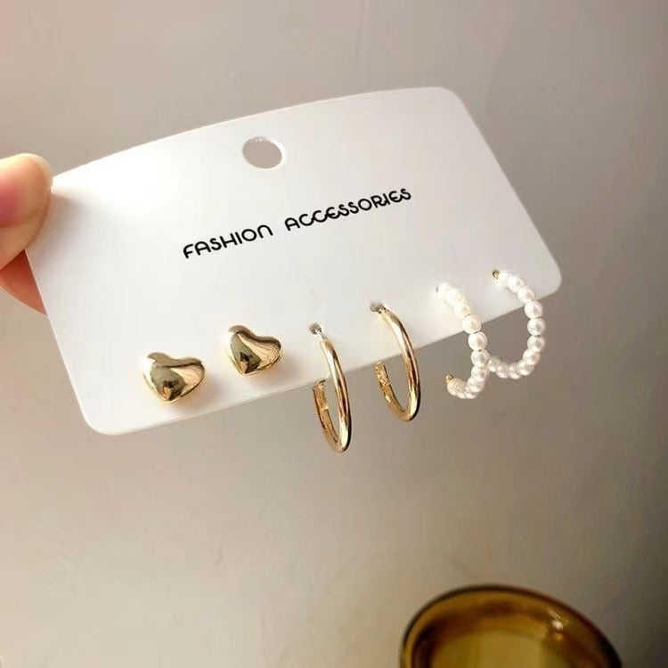Gold Pearl Hoop Earrings Set