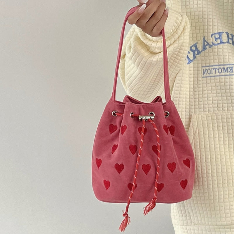Pink Heart Embroidered Bucket Bag