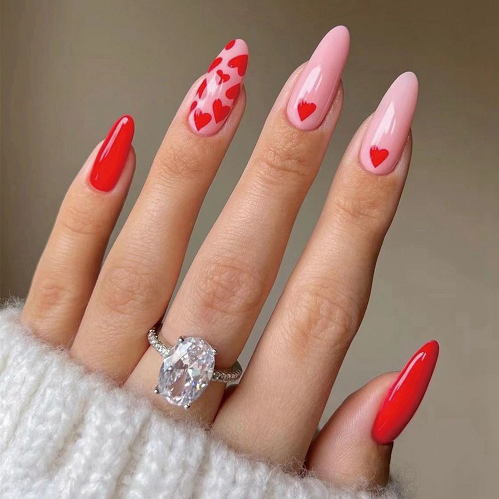 24pcs/Box Red Pink Heart Almond Press On Nails
