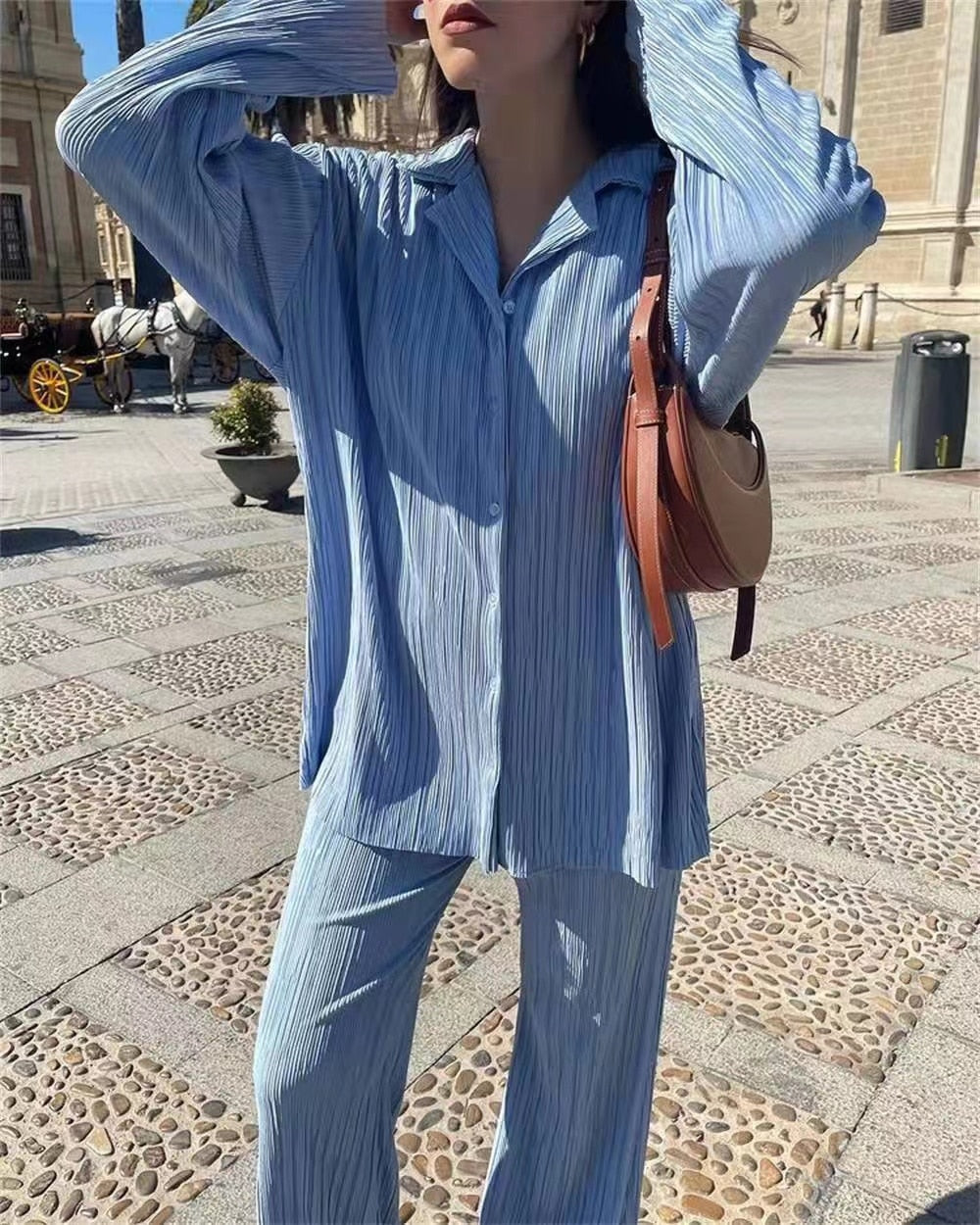 Long Sleeve Blouses+Wide Leg Pants Two Piece Set