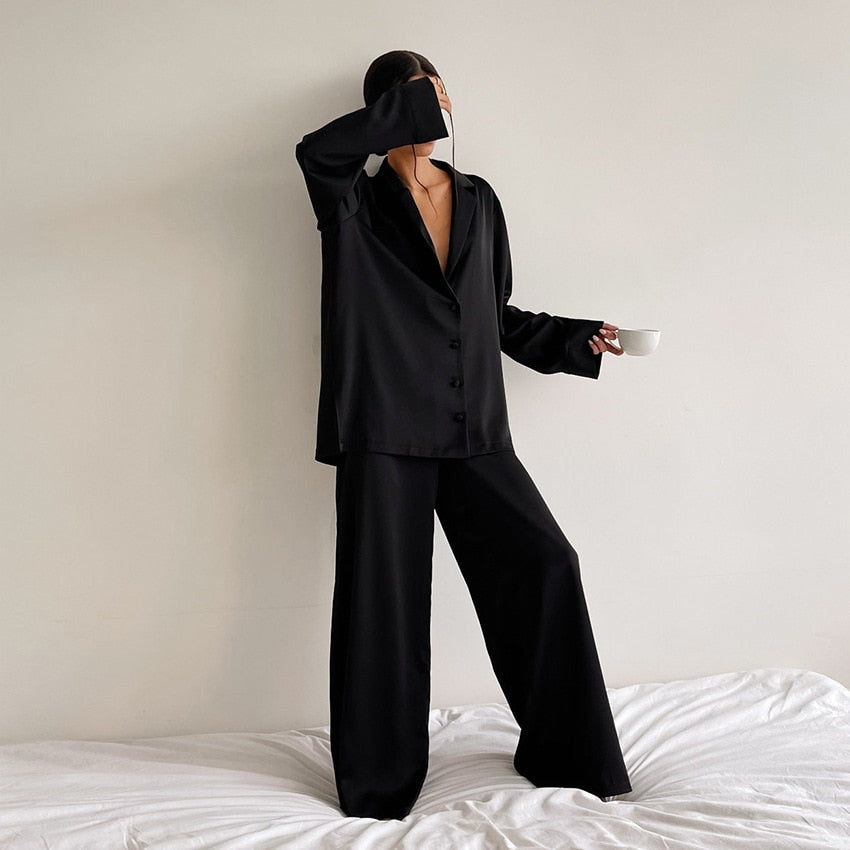Satin Silk Loose Long Sleeve Pyjama Set