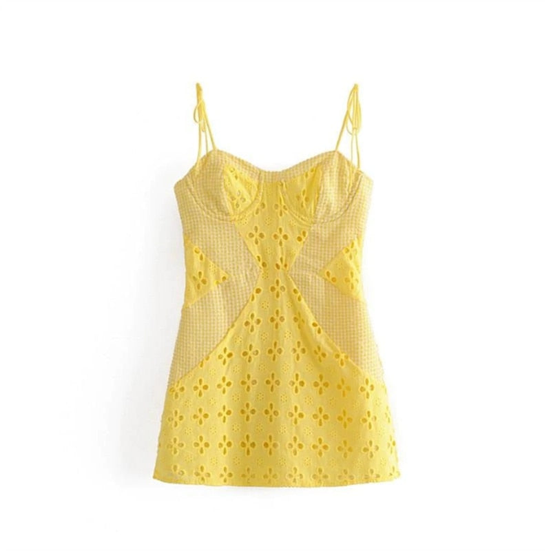 Yellow Floral Hollow Out Mini Dress