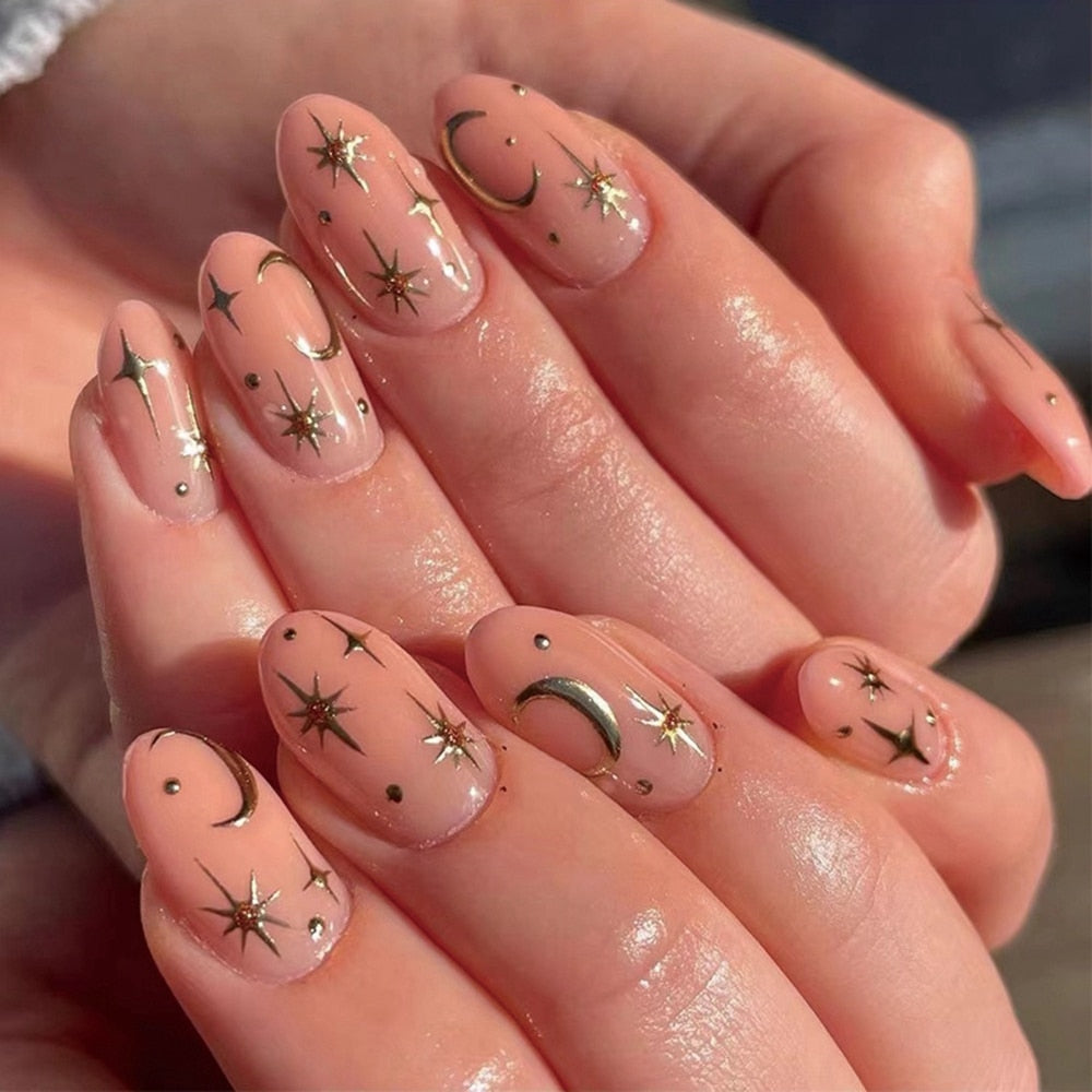 24Pcs Gold Stars Moon Almond Press On Nails