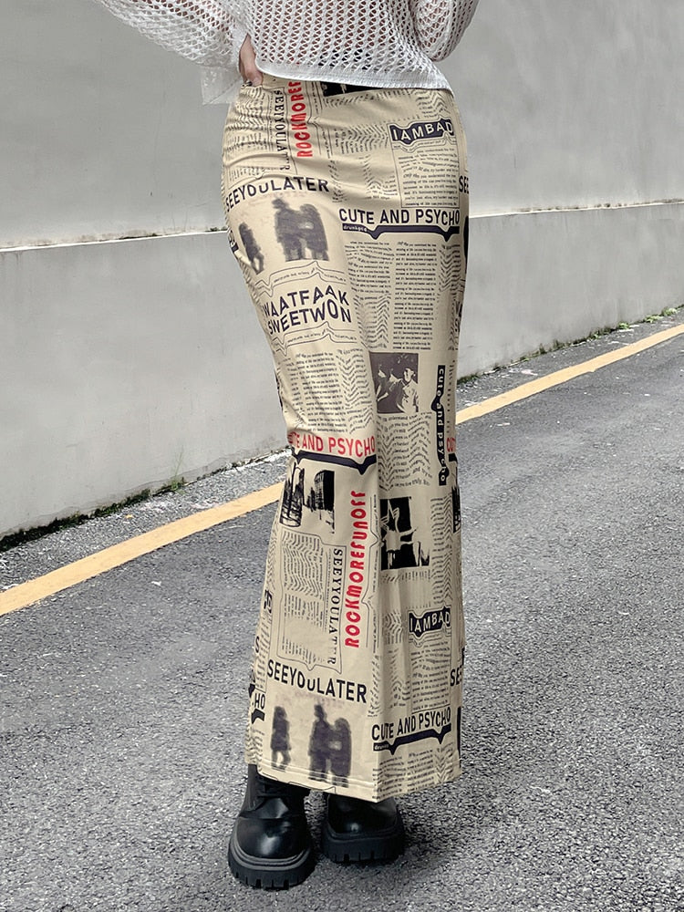 Newspaper Letter Print High Waist Long Skirt