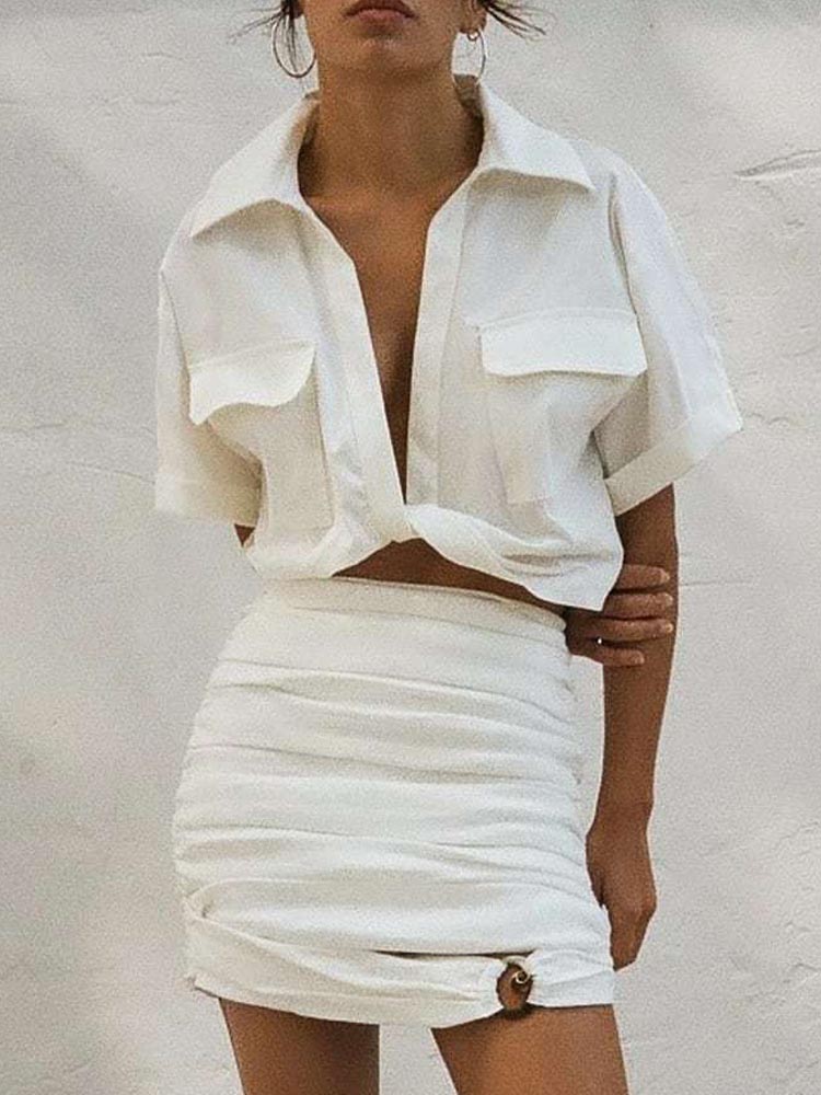 V-Neck Pockets Linen Shirt Top