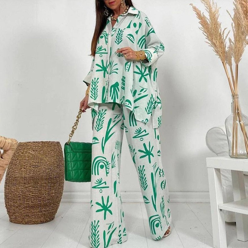 Green Graphic Print Loose Two Piece Set