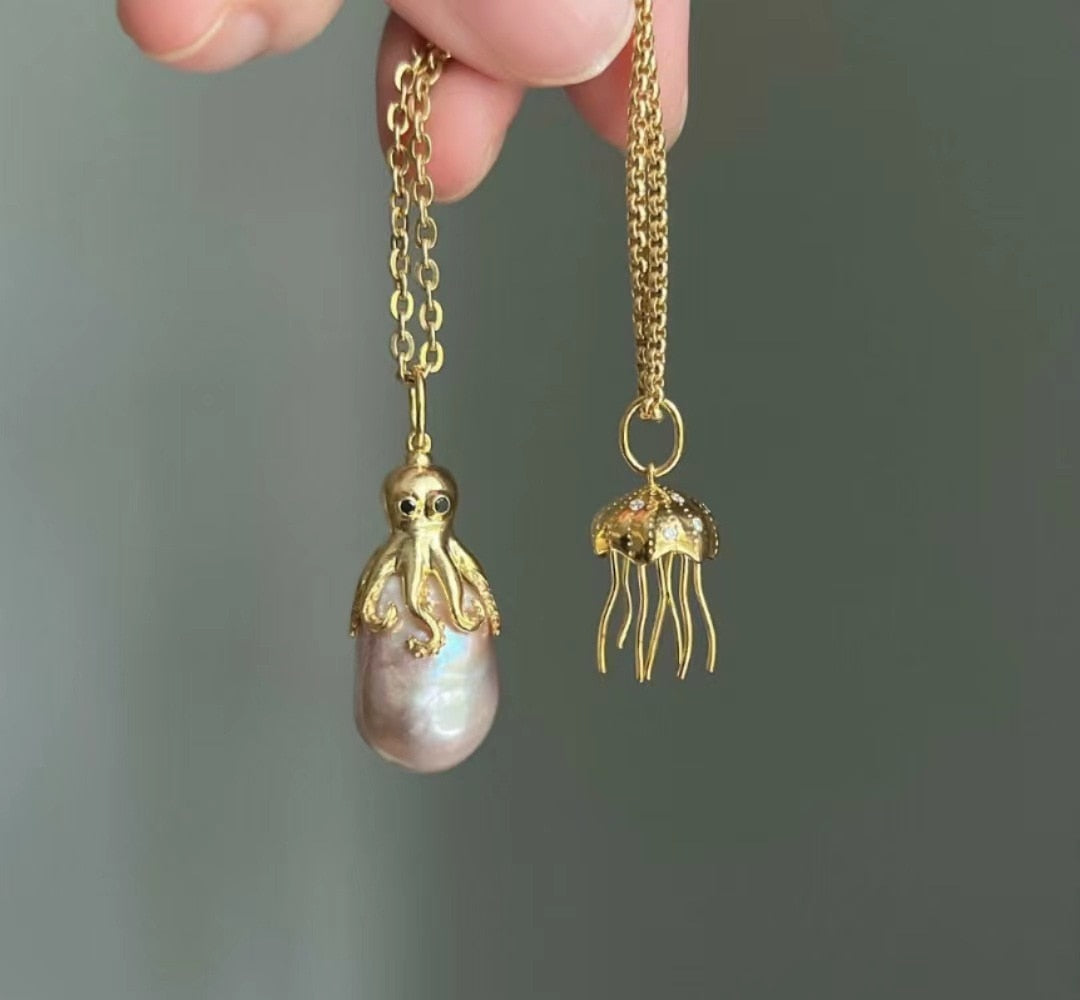 Marine Octopus Jellyfish Pearl Pendant Necklace