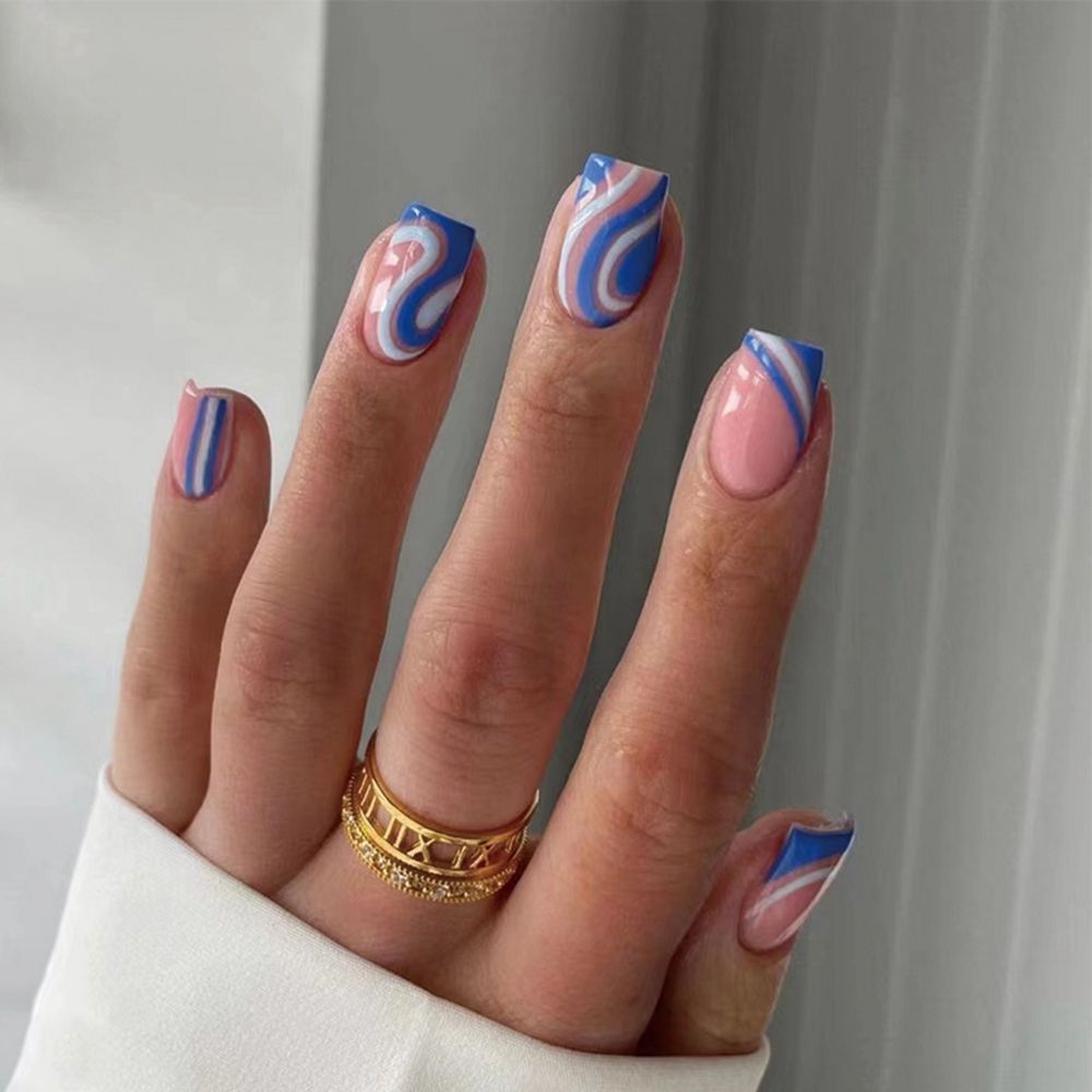 24pcs/Box Wave Line Square Head Press On Nails Pink