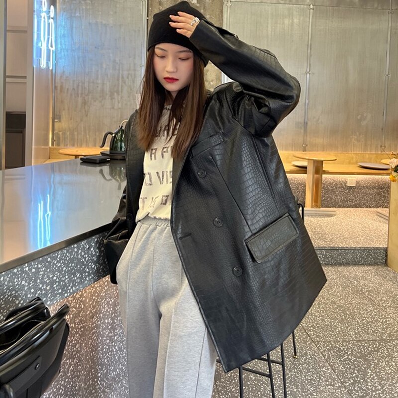 Oversized Crocodile Faux Leather Blazer