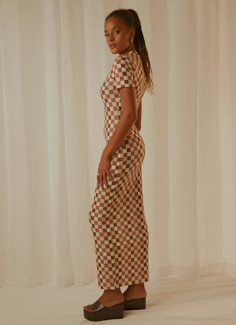 Brown Plaid Print Maxi Dress