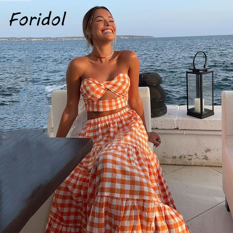 Orange Plaid Strapless Dress