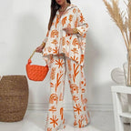 Orange Graphic Print Loose Two Piece Set
