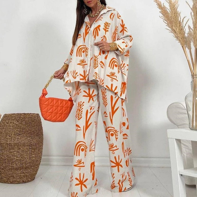 Orange Graphic Print Loose Two Piece Set