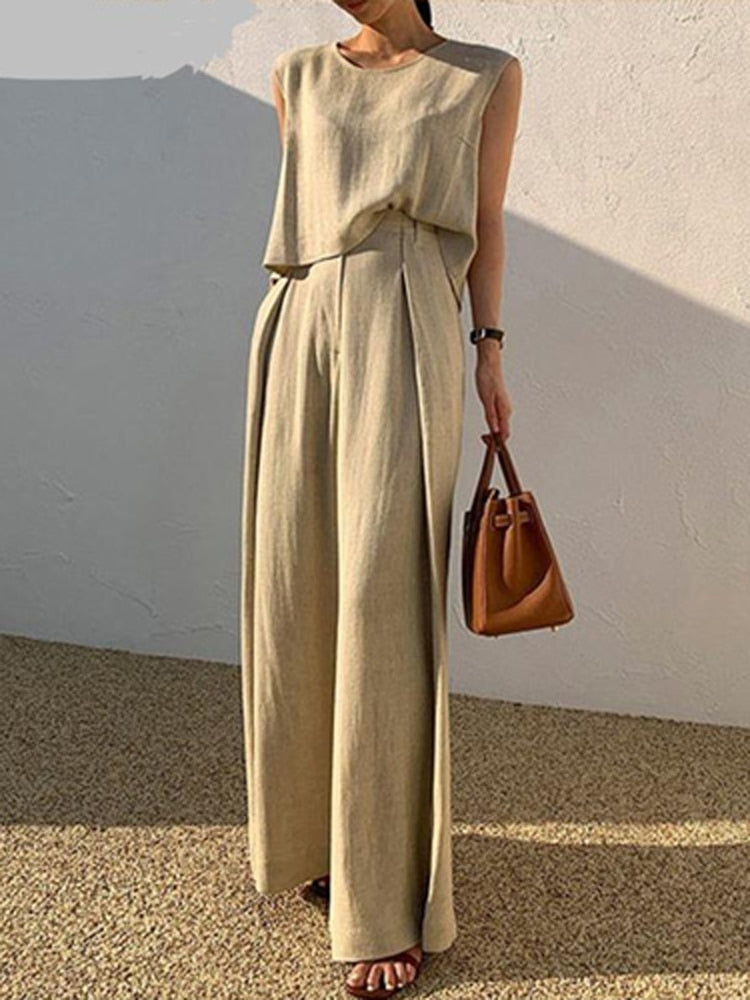 Khaki Cotton Linen Two Piece Set