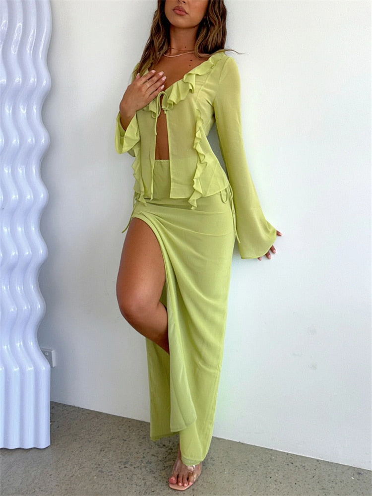 Green Mesh Ruffles Two Piece Set