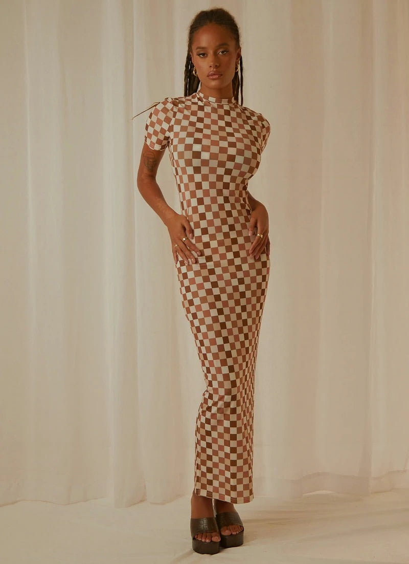 Brown Plaid Print Maxi Dress