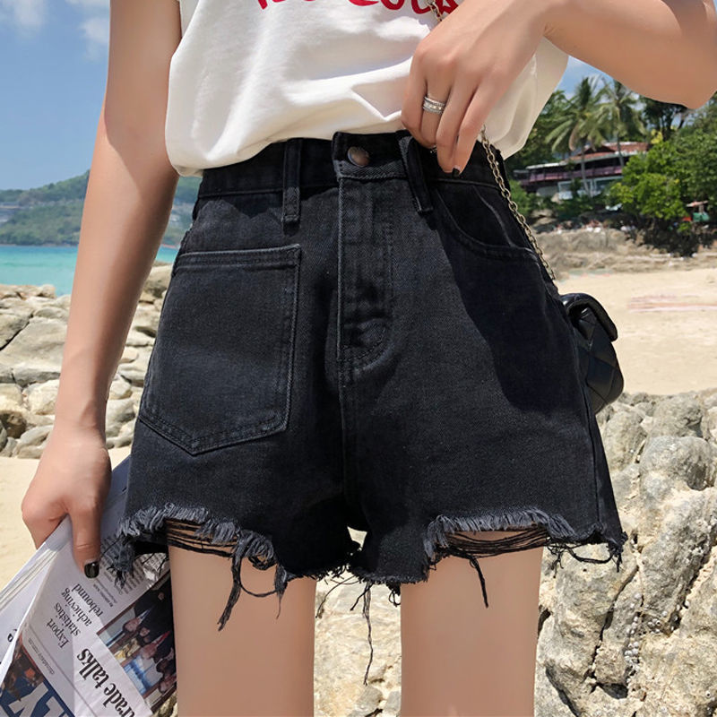 Black Denim Hole Frayed Short