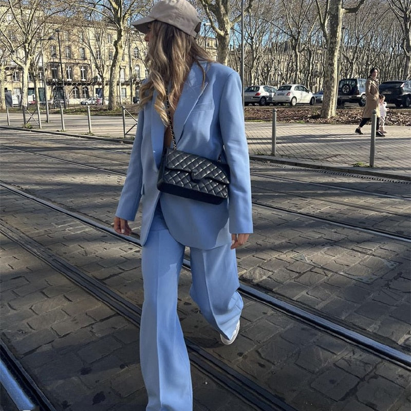 Sky Blue Loose Blazer / High Waist Straight Pants Set