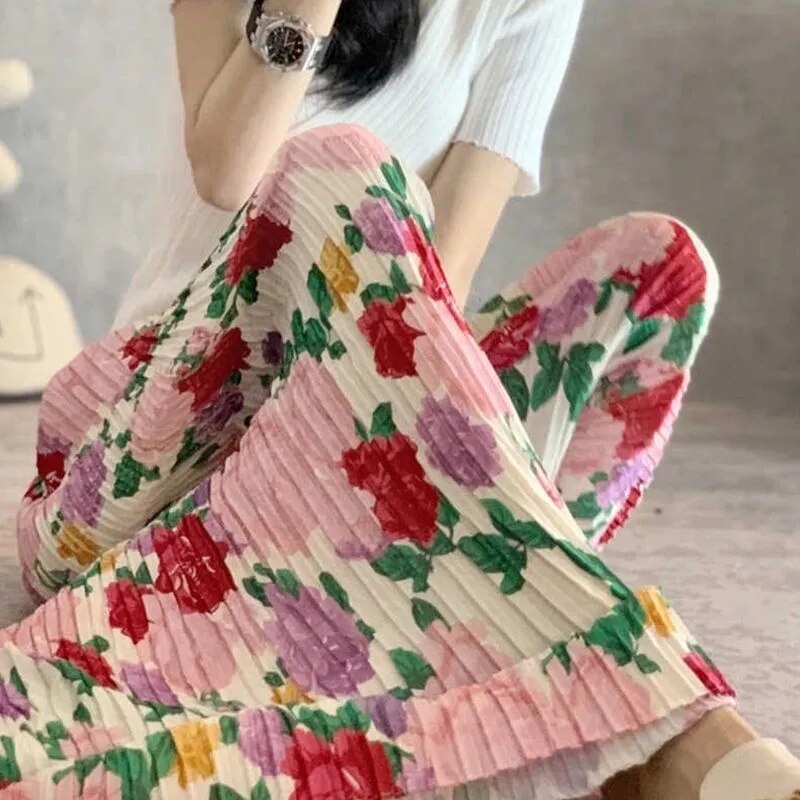 White Floral Wide Leg Trousers Pants
