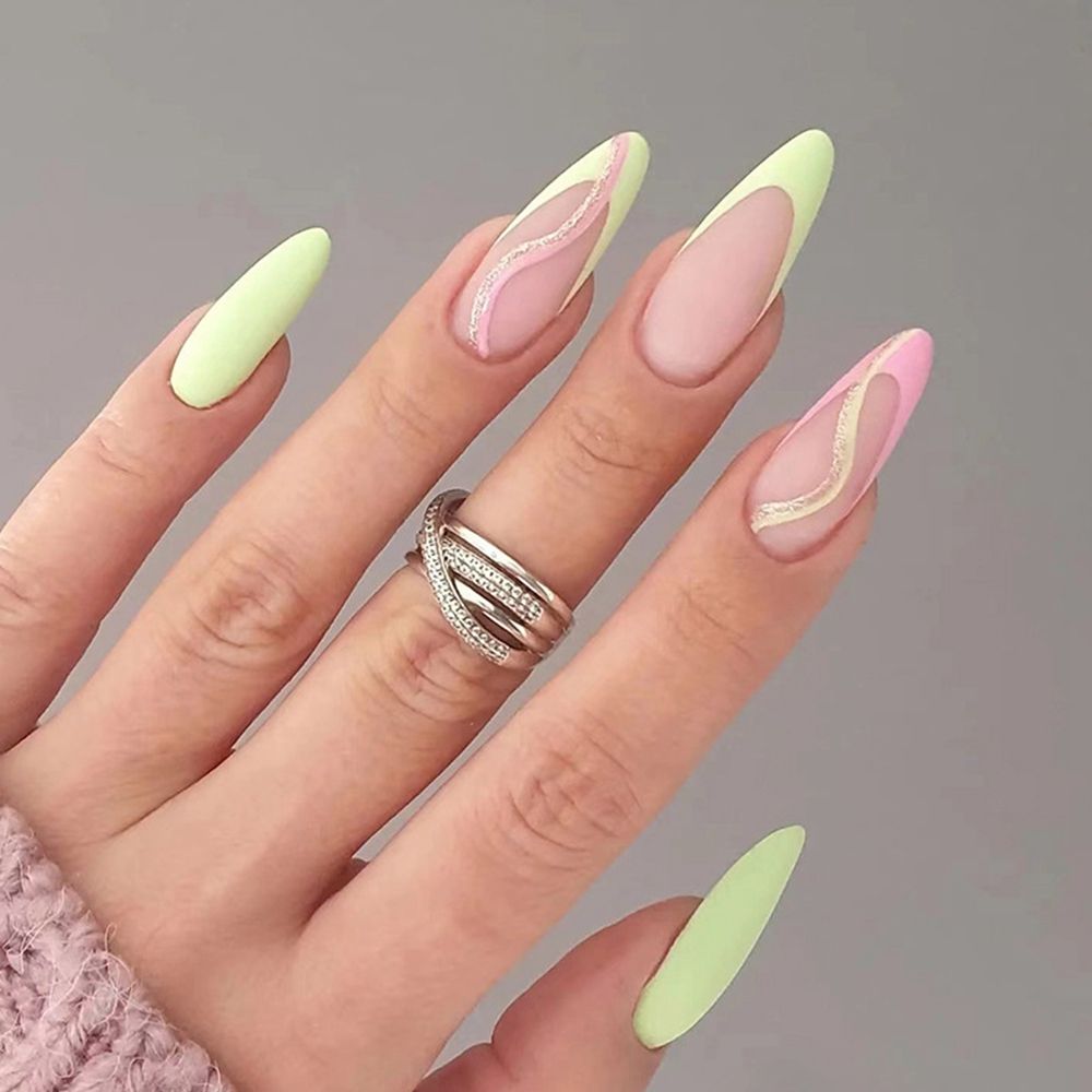 24pcs/Box Green Pink Wavy Almond Press On Nails