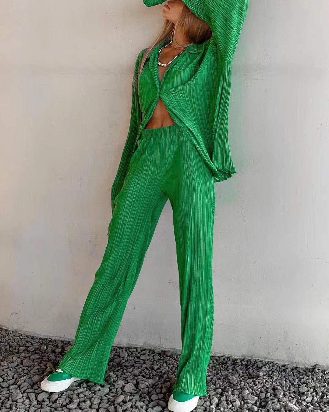 Long Sleeve Blouses+Wide Leg Pants Two Piece Set