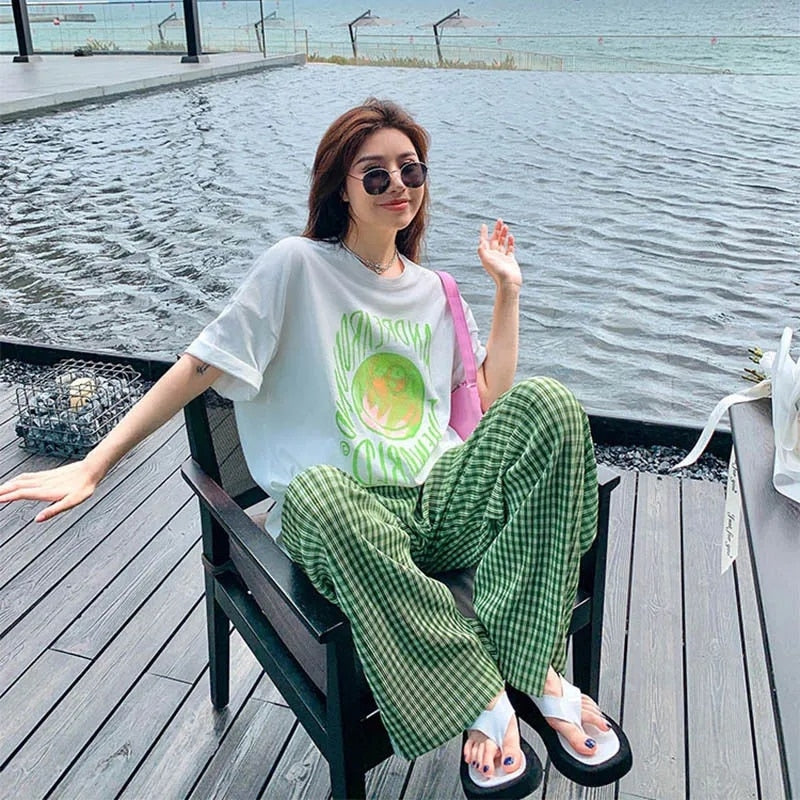 Green Plaid Wide Leg Trousers Pants