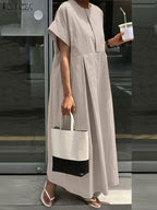 O-Neck Pleated Long Dress