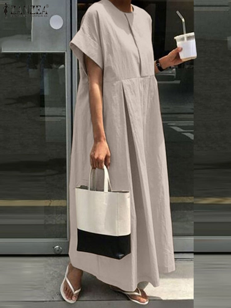 O-Neck Pleated Long Dress