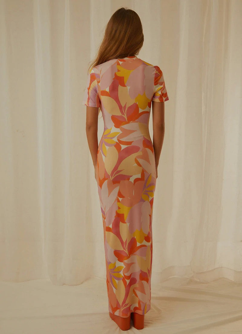 Orange/Pink Graphic Print Maxi Dress