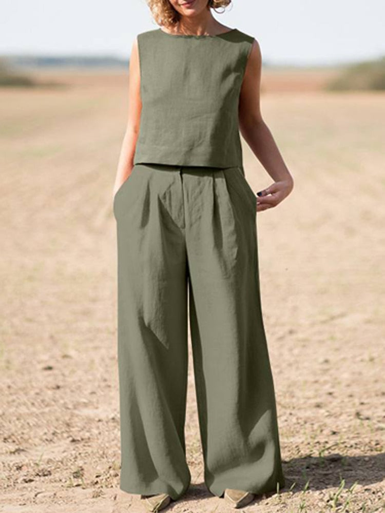 Army Green Cotton Linen Two Piece Set