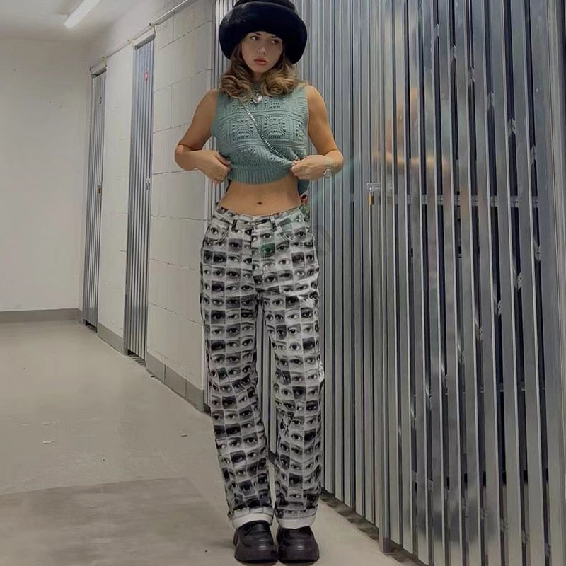 Eye Print High Waist Side Leg Pants