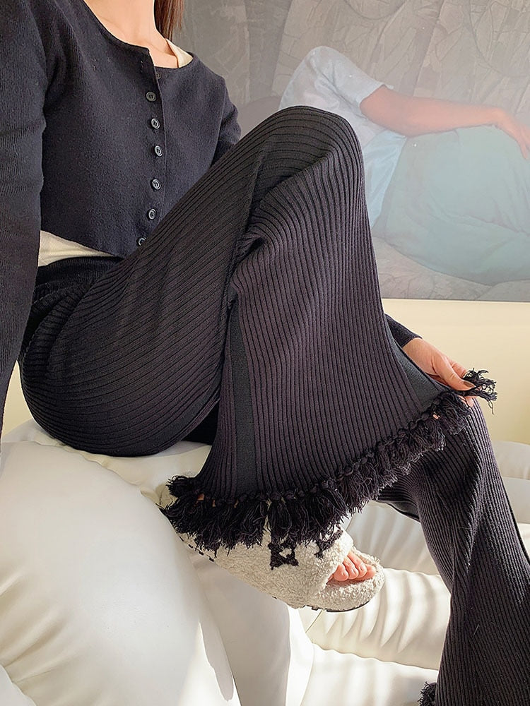 Black Tassel Flare Knitted Pants