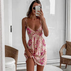 Pink Floral Pattern Spaghetti Strap Dress