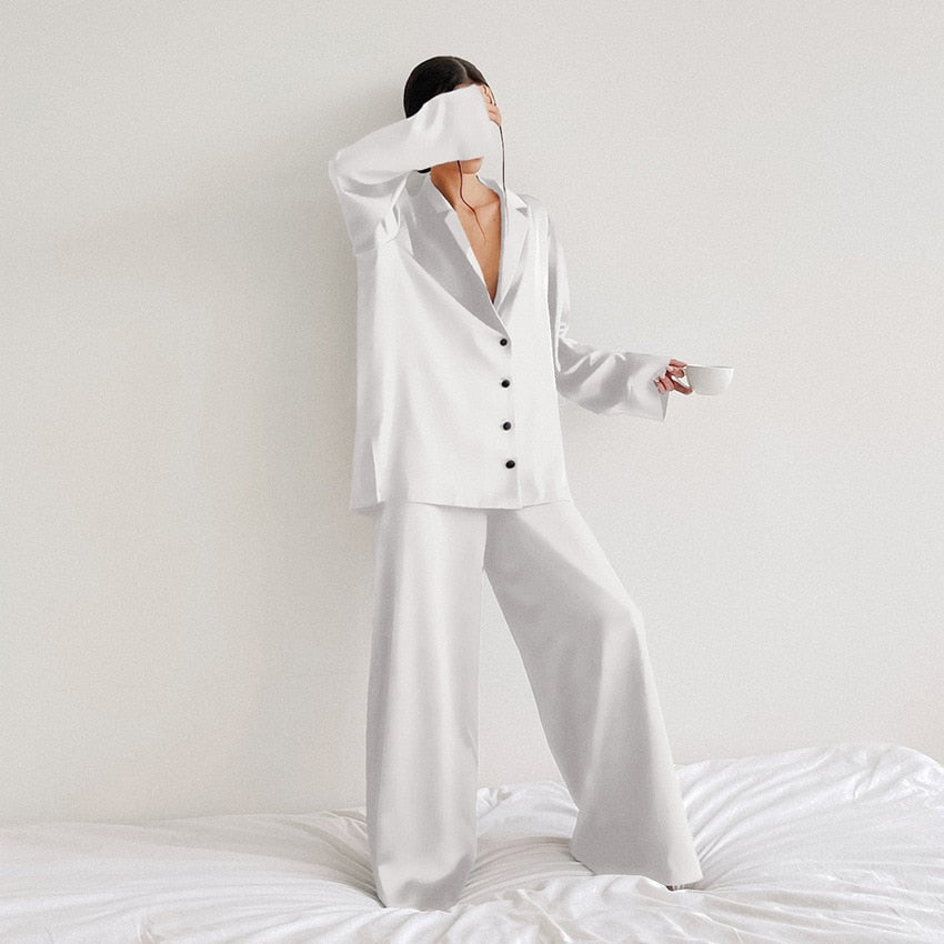Satin Silk Loose Long Sleeve Pyjama Set