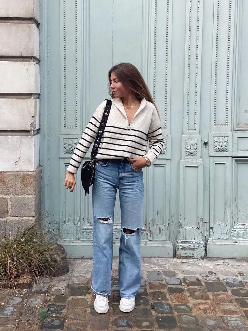 Stripe Loose Zipper Knitting Sweater